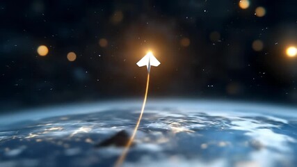 Wall Mural - Paper airplane with glowing trail soars above Earth in outer space, creative imagination and dreamy night sky inspiration, futuristic vision and atmosphere, evoking wonder and innovation