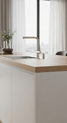 Poster - Close-up of light wood kitchen countertop and white cabinetry, showcasing modern design aesthetics, clean lines, and minimalist style, ideal for home decor or interior design concepts