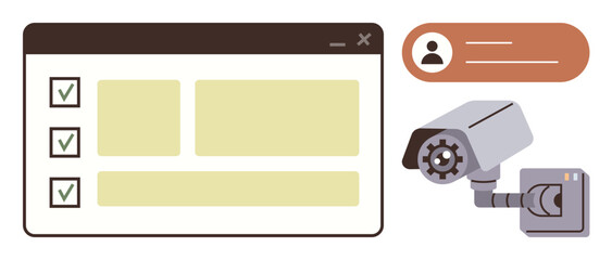 Poster - Browser window with checklist, surveillance camera, user profile graphic. Ideal for security, privacy, monitoring, safety, digital control compliance task tracking. Clean simple flat metaphor