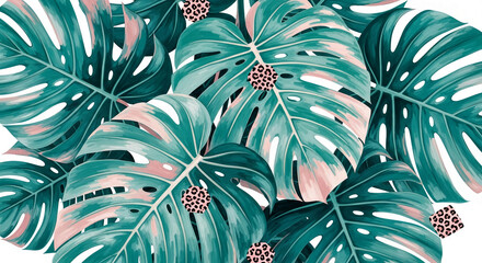 Poster - Teal and pink tropical monstera leaves, detailed brush strokes, leopard print accents, creating a vibrant, summery design, suitable for various applications