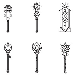 Poster - Collection of decorative magic staffs in a minimalist linear style for design purposes