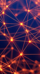Poster - Abstract image of orange glowing nodes connected by lines on dark blue background, symbolizing network, connection, or technology concept