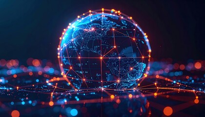 Poster - Futuristic digital globe with interconnected luminous lines and nodes representing global connectivity technology innovation and data communication visualization