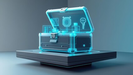 Poster - Futuristic holographic image of a data storage chest with digital interface icons projecting from it, representing technology, data security, and innovation