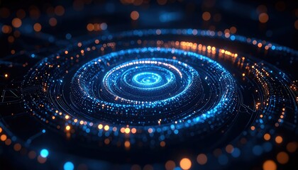 Poster - Abstract futuristic digital background with glowing blue concentric circles and sparkles resembling a high-tech energy portal or galaxy in deep space