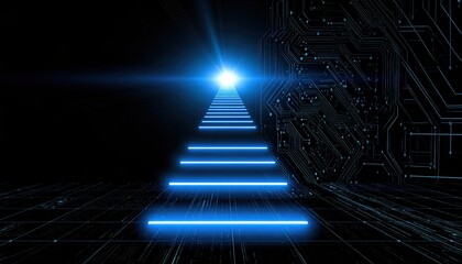 Poster - Futuristic digital pathway with glowing neon steps leading to a bright blue light in a high-tech circuit environment symbolizing innovation and advanced technology exploration
