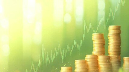 Poster - Golden Coins Stacked on a Chart Background with Green Financial Growth and Vibrant Trends in a Modern Business Environment 4k video footage