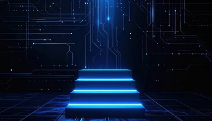 Poster - Futuristic glowing neon blue stairs ascending in a dark digital technology environment with circuit lines and glowing points for high-tech, innovation, and virtual reality themes