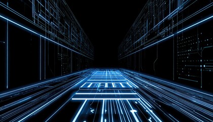 Poster - Futuristic digital tunnel with glowing blue neon lines and grid pattern creating an immersive high-tech virtual environment for advanced technology concepts