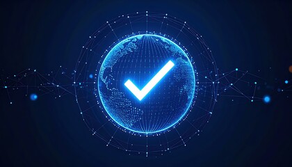 Poster - Futuristic digital globe with check mark symbol representing global verification, cyber security, data protection, technology innovation, and network security visualization