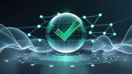 Poster - Futuristic digital globe with a large green check mark symbolizing securityverification online connectivity and technological success in cybersecurity and digital networks