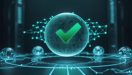 Poster - Futuristic digital globe with checkmark symbol surrounded by interconnected data nodes highlighting cybersecurity and technological innovation in a dark high-tech environment