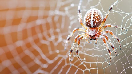 Spider on a dew-covered web, intricate detail, sparkling, natural macro