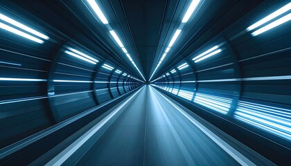 Poster - Futuristic tunnel with glowing neon lights and dynamic motion blur creating a sense of speed and high technology in a dark modern transportation or sci-fi environment