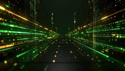 Poster - Futuristic digital data stream visualization with glowing green and yellow lights in a high-tech environment creating a sense of advanced technology and digital world
