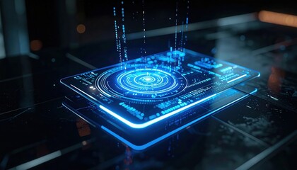 Poster - Futuristic holographic user interface display with digital icons glowing on transparent screen for technology innovation and advanced data visualization