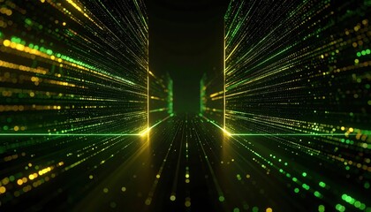 Poster - Futuristic digital tunnel with vibrant green and yellow light streaks emanating through a central pathway creating a high-tech sci-fi scene perfect for technology and innovation themes