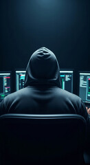 Poster - Hooded figure seated before multiple computer screens, dark background, showcasing anonymity and digital security concepts