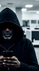 Poster - Close-up of a man in a dark hoodie using a smartphone, set against a blurred office background, suggesting secrecy, mystery, or digital privacy