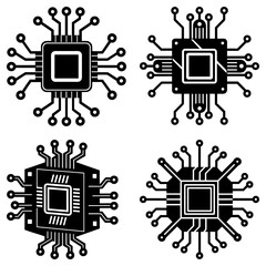 Poster - Illustration of four black computer chips with circuits and square centers on a white background