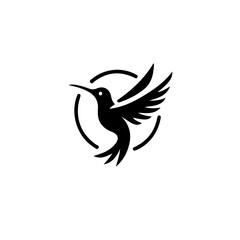 Aufkleber - A minimalist black silhouette of a hummingbird inside a circular frame design