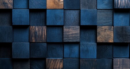 Poster - Dark Blue and Black Wooden Block Wall Background for Modern Design