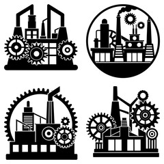 Poster - Four factory illustrations with gears and industrial elements in black and white vector format art