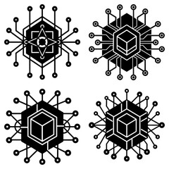 Poster - Four stylized black and white geometric designs with hexagon and cube elements connected by lines and circles
