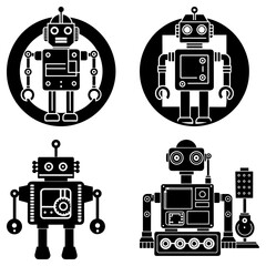 Poster - Illustration of four different black and white retro robots with varying designs and features on a white background