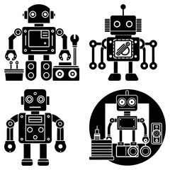 Poster - Four black and white robot illustrations in various poses and styles on a white background image art