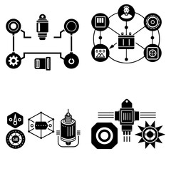 Poster - Illustration showing network diagrams and various mechanical and technical related icons in black and white