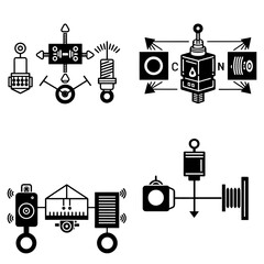 Poster - Abstract illustration featuring various black and white diagrams and schematic representations of devices
