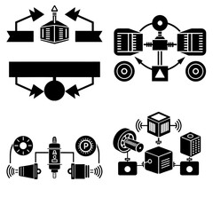 Poster - Illustration showing four different abstract diagrams with geometric shapes and connecting lines in black and white