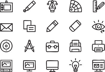 Fototapete - Graphic design and creative process line icon set featuring tools equipment and elements for digital and print design