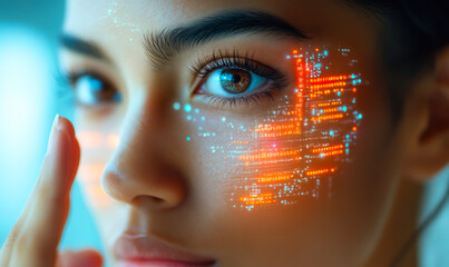 Poster - Close-up of young woman with digital facial interface and glowing orange biometric data overlay on cheek for identity recognition technology and AI concept