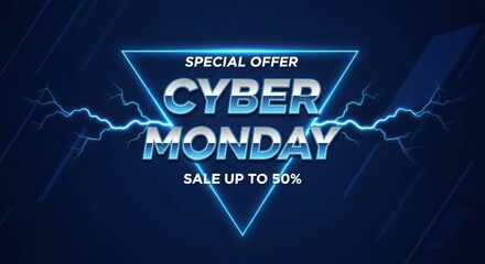 Poster - Cyber Monday sale announcement with blue lightning and neon triangle offer discount