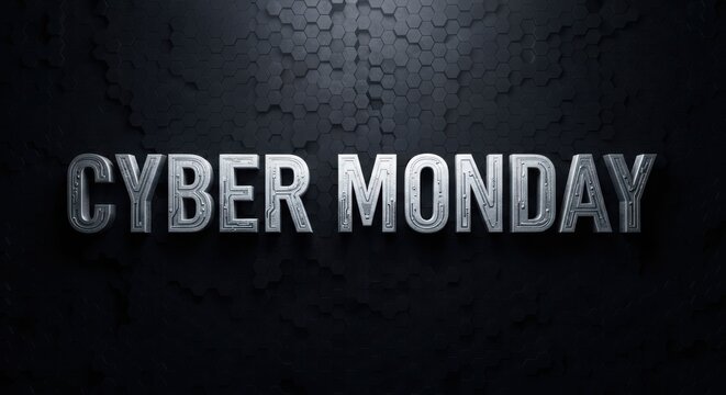 Cyber Monday metallic text with circuit board pattern on dark hexagonal background silver