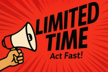Leinwandbilder - A bold promotional graphic featuring a hand holding a megaphone with the text 