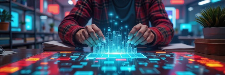 A person interacts with digital data visualization, showcasing the blend of technology and analytics in a modern workspace.