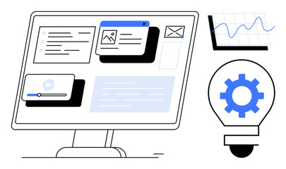 Poster - Desktop screen displaying media player, notifications, emails, and text boxes, alongside a line chart and gear-integrated bulb. Ideal for productivity, analytics, ideas, data visualization teamwork
