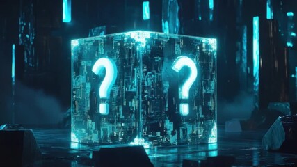 Poster - Mysterious Glowing Cube with Question Marks Surrounded by Futuristic Digital Elements in Dark Environment 4k video footage
