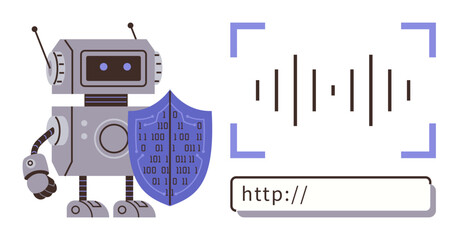 Poster - Robot holding shield with binary code, soundwave scanning over URL bar symbolizing digital security, safe browsing, encryption, and AI-generated online protection. Ideal for cybersecurity