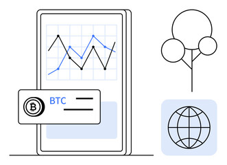 Poster - Mobile screen displaying cryptocurrency analytics with a BTC card, graph, globe, and tree icon. Ideal for fintech, trading, cryptocurrency, global economy, digital transactions technology
