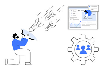 Poster - Man deflecting DDoS attacks, analytic dashboard with graphs, team cooperation gear symbol. Ideal for cybersecurity, teamwork, technology, risk management, data security, IT strategies simple landing