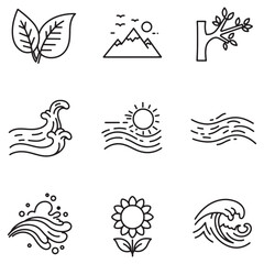 Poster - Minimalist nature icon set featuring leaves mountains waves sun sunflower and more