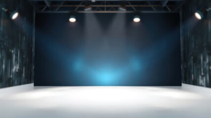 Poster - Empty stage with spotlights illuminating a dark blue backdrop and gray walls, ready for performance or presentation