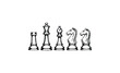 © Vlad - Black and white sketch of chess pieces: rook, king, bishop, knight, and knight. Vector retro hand drawn illustration.