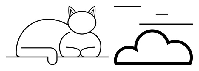 Poster - Cat resting in composed posture near cloud motif, complemented by dynamic breeze lines. Ideal for pets, relaxation, nature, tranquility, minimalism, creativity, and simple landing page