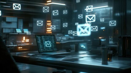 Poster - Modern Office Workspace with Futuristic Technology and Digital Messaging System in a Dark Environment 4k video footage
