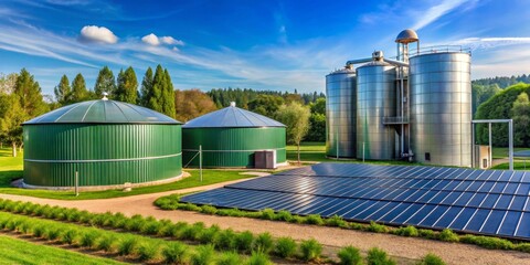 Sustainable Energy Facility Green Digesters, Metal Silos, and Solar Panel Array in a Picturesque Landscape